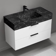 Floating Bathroom Vanity, Modern, 40 inch, Black Marble Style Sink
